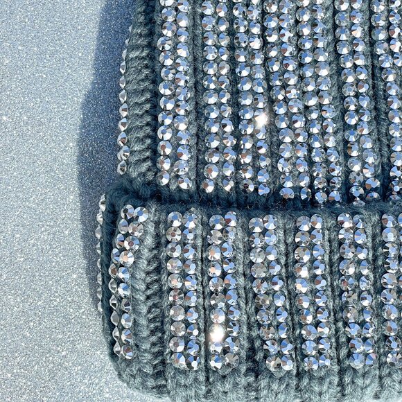 Silver Rhinestone Faux Fur Pom Pom Winter Ski Beanie